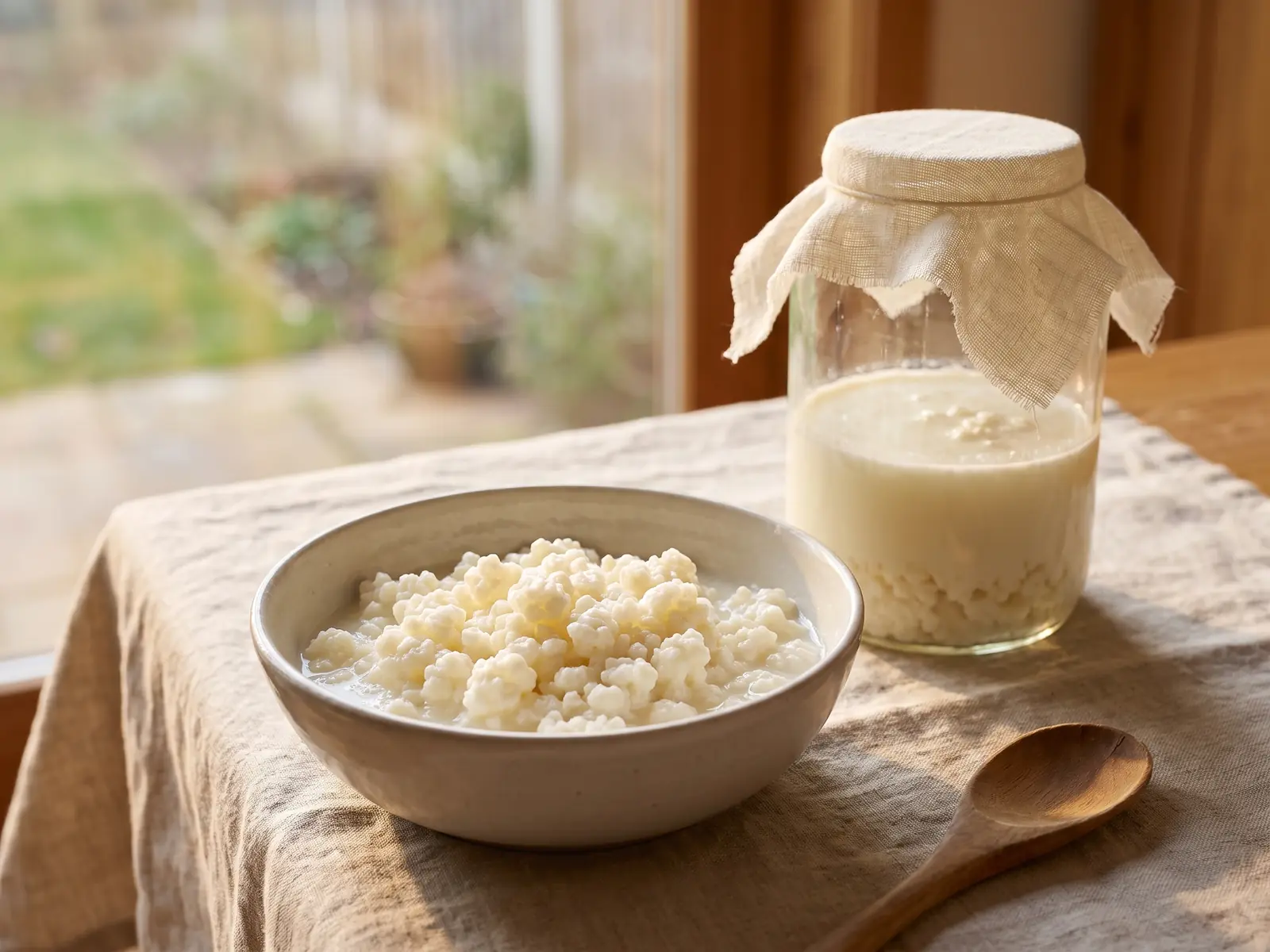 o kefir tem lactose Frasco de kefir a fermentar sobre mesa de linho, com grãos húmidos numa taça junto à janela.