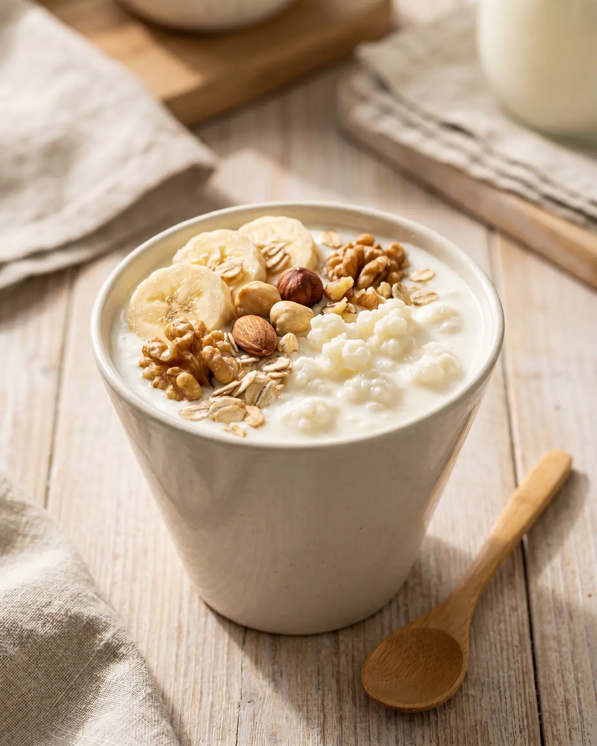 Cuenco estreito de kefir de leite com banana, nozes e aveia, fotografado em vertical sobre fundo claro.