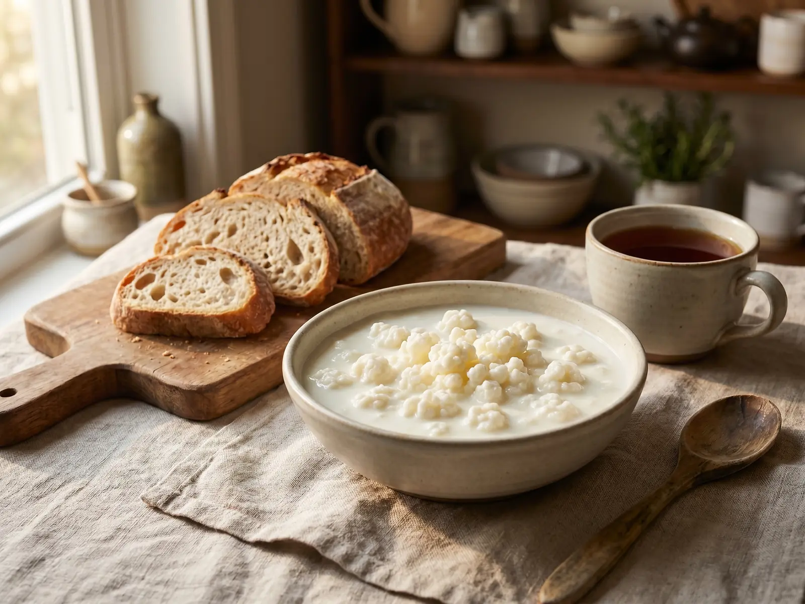 doadores de kefir em portugal Kefir de leite numa tigela baixa, com chá, pão rústico e tecido de linho sobre a mesa.