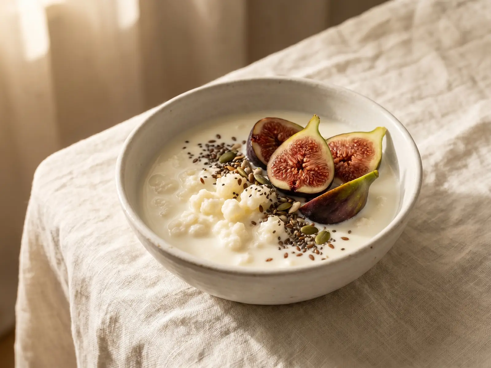 kefir danone Kefir servido num tigela branco com figos frescos e sementes sobre linho claro amarrotado.
