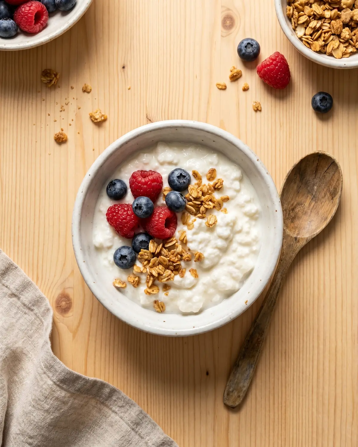 kefir danone Bowl de kefir com frutos vermelhos e granola, acompanhado por uma colher de madeira.