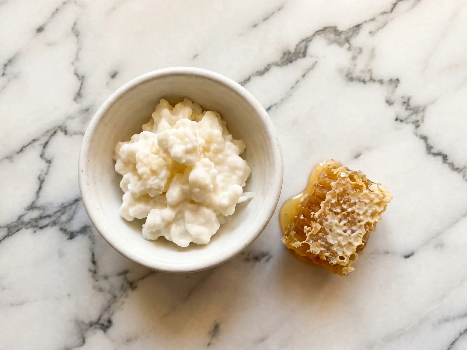 grãos de kefir de água Cuenco de kefir natural com panal de mel ao lado, sobre mármore com luz quente cenital.
