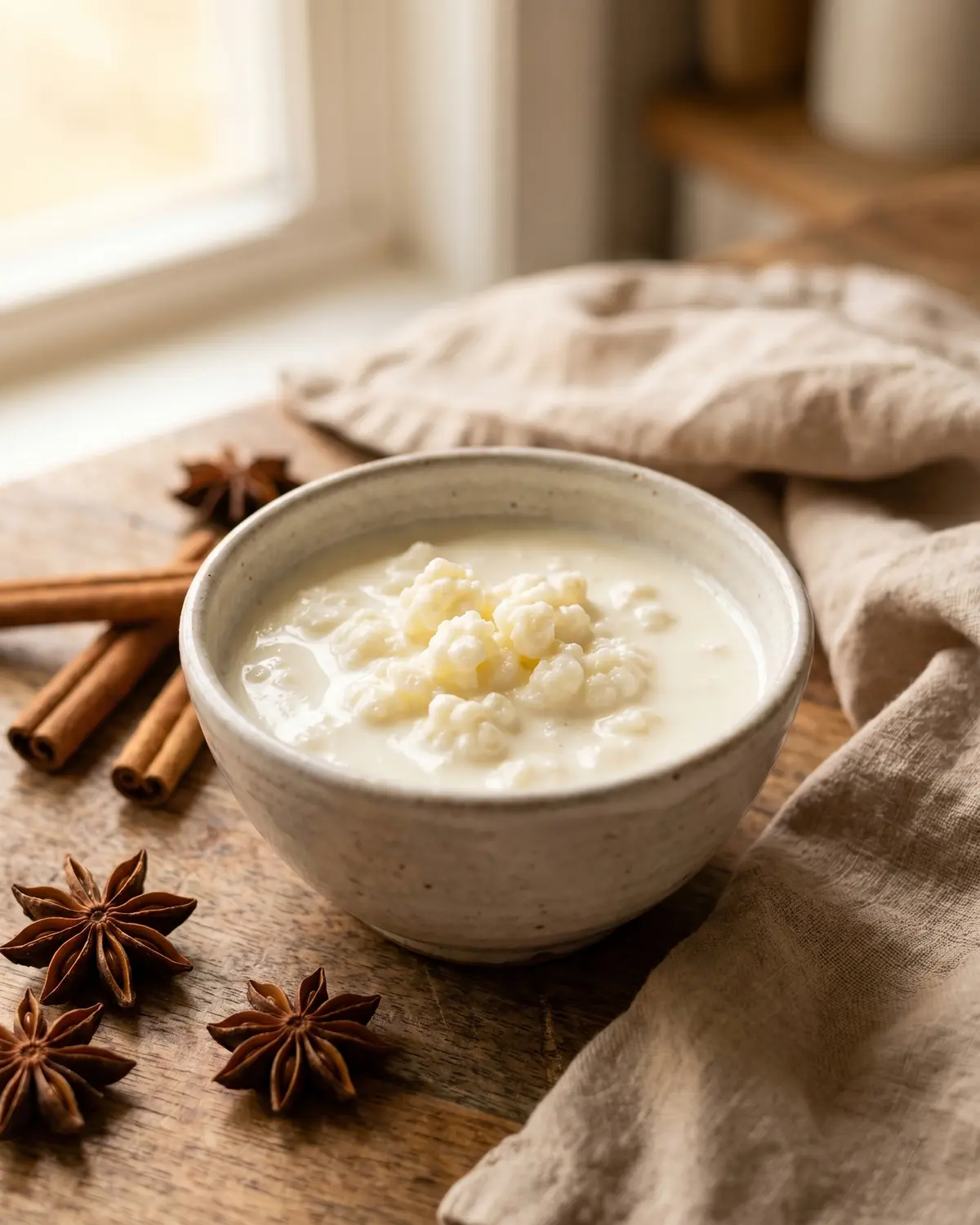 kefir grains Tigela pequena de kéfir natural rodeada de anis-estrelado e canela, com sensação caseira de inverno.