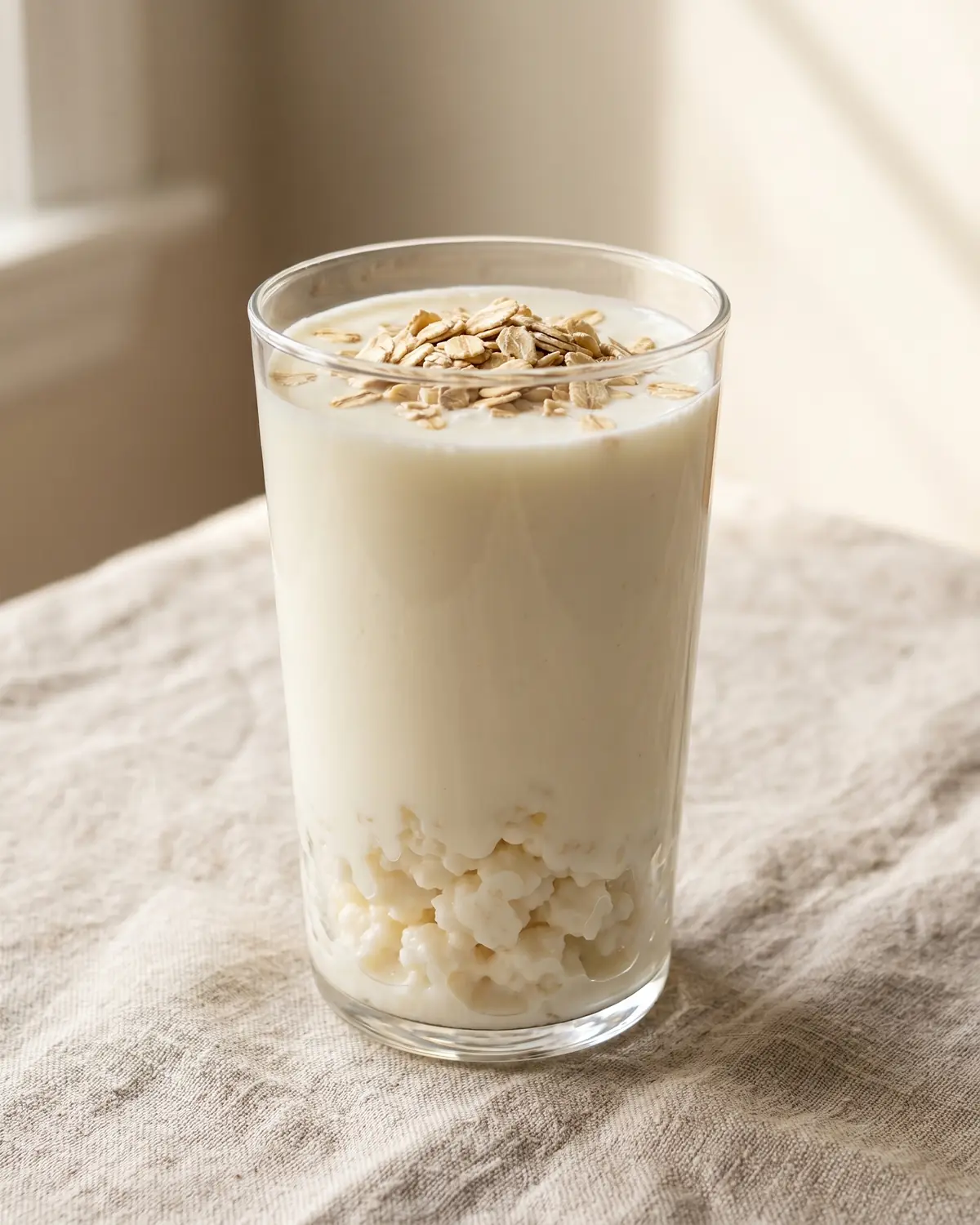 kefir de leite como cuidar Vaso alto de kefir de leite com flocos de aveia por cima, sobre linho cru em composição limpa.
