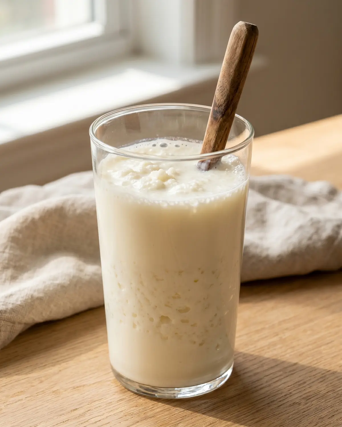 doadores de kefir em portugal Vaso alto com kefir de leite cremoso já fermentado, servido com uma colher no interior.