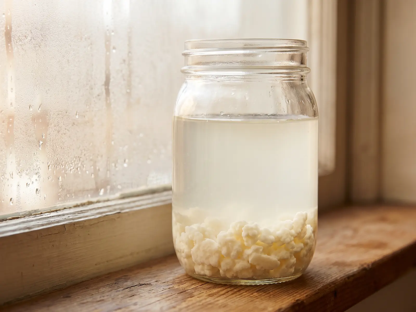 Frasco com kefir de leite junto a uma janela embaciada, com gr&atilde;os vis&iacute;veis no fundo do vidro.