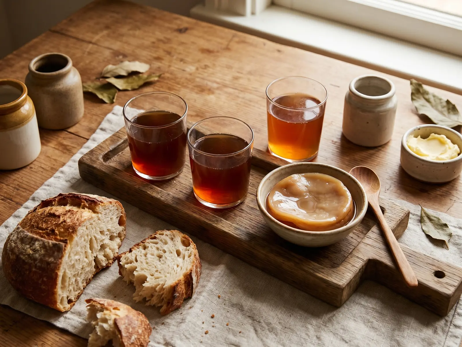 kefir de agua e kombucha Bandeja de prova com copos de kombucha âmbar, SCOBY numa taça e pão rústico sobre a mesa.