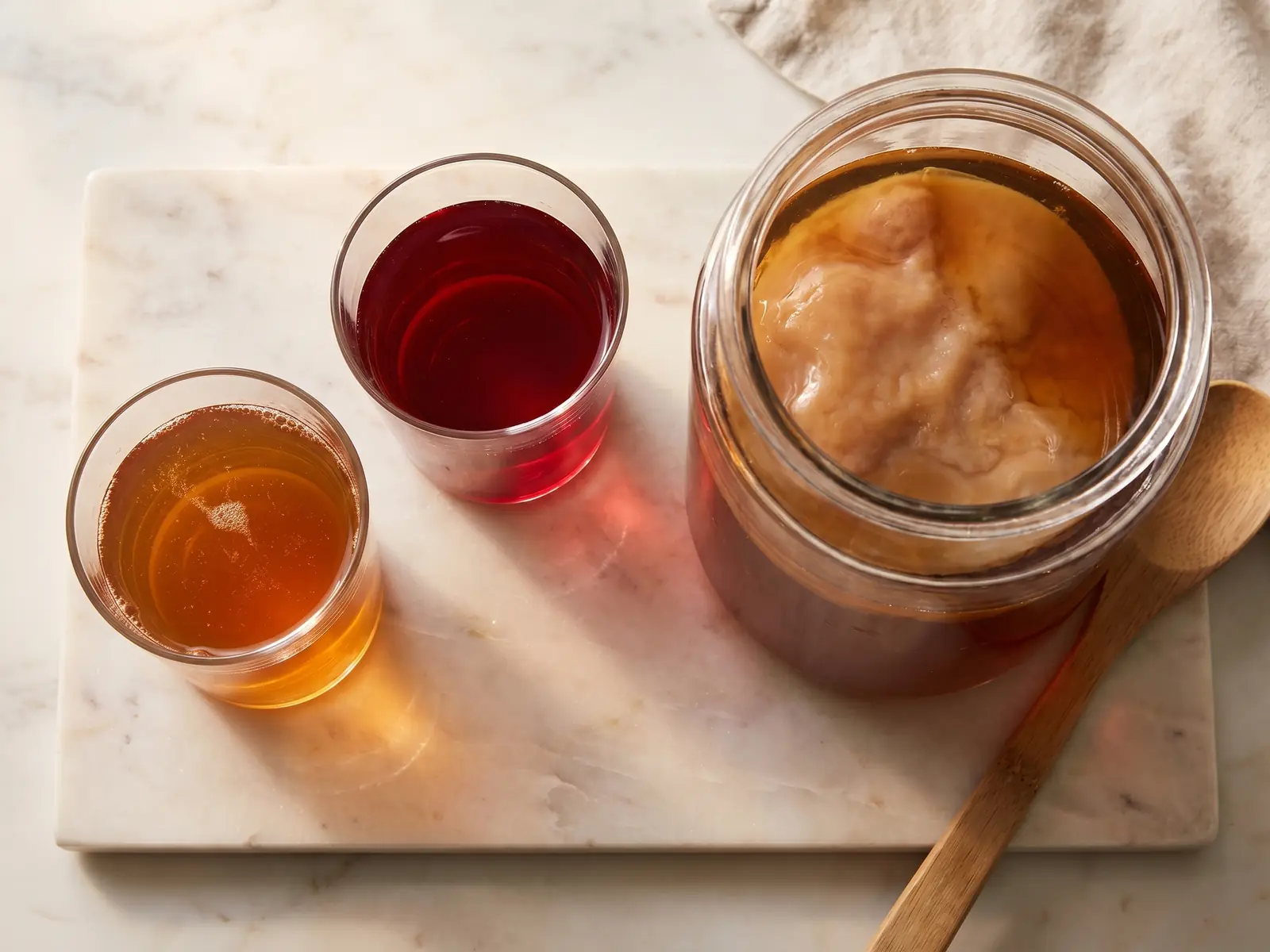 which is better water kefir or kombucha Dois copos com kombucha natural e de hibisco sobre mármore claro, vistos de cima com luz suave.