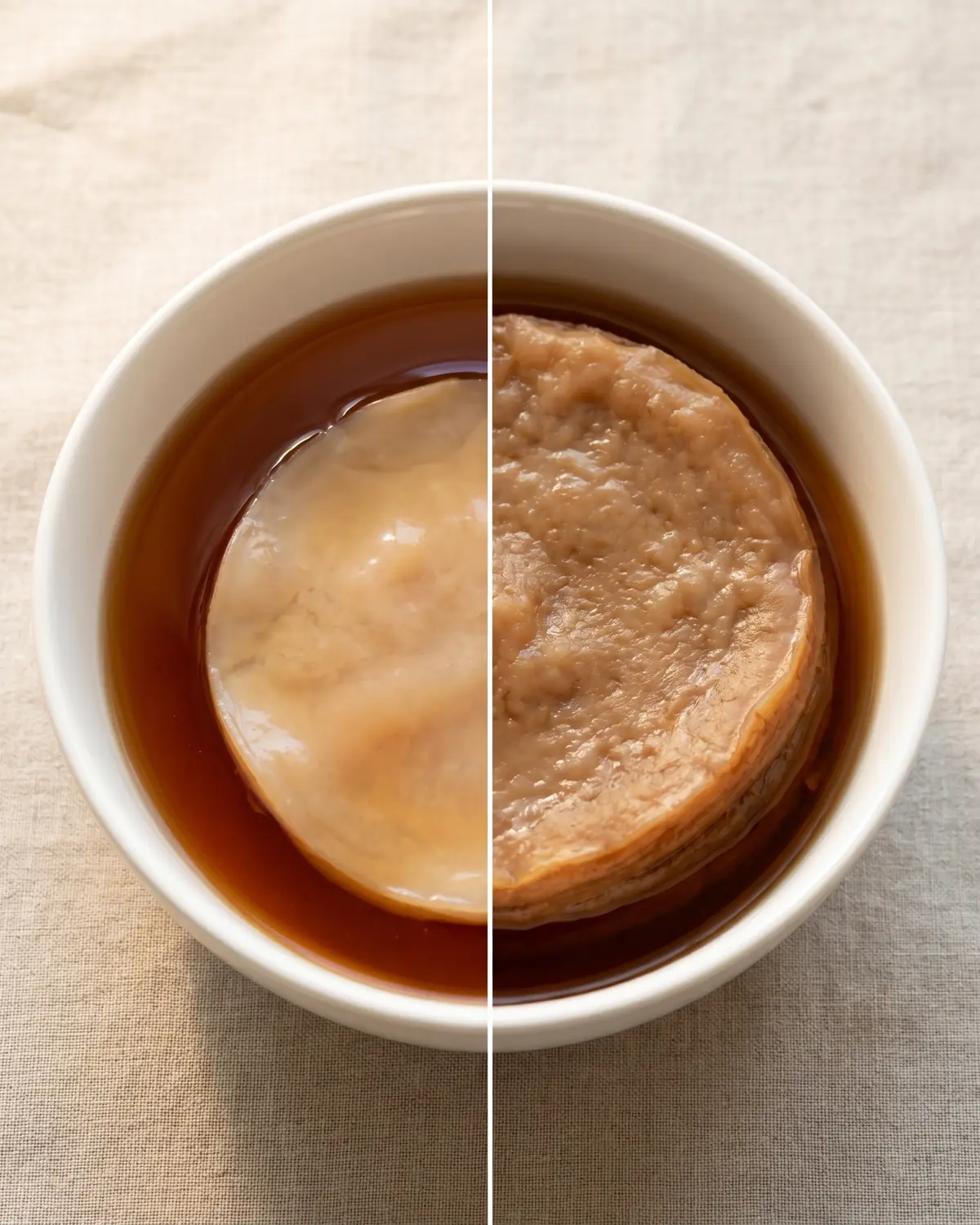 Dois SCOBYs em tigelas brancas, um jovem e outro mais espesso, mostrando diferen&ccedil;as de textura e matura&ccedil;&atilde;o.
