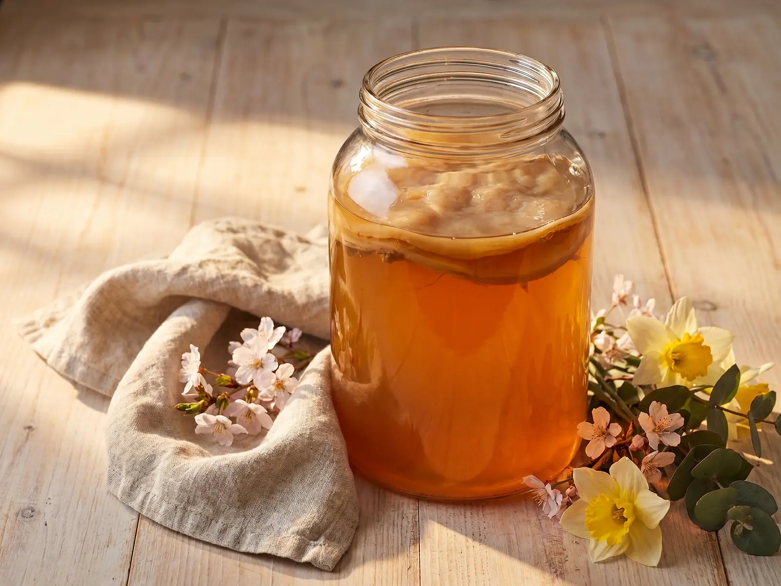 kombucha Tarro de kombucha âmbar sobre linho cru, com flores de primavera e luz quente lateral.