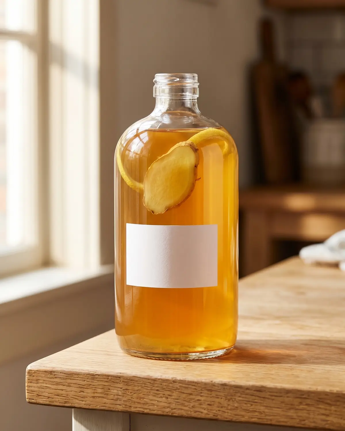 kombucha beneficios Primeiro plano de kombucha âmbar numa garrafa, com pedaços de gengibre e limão visíveis no interior.
