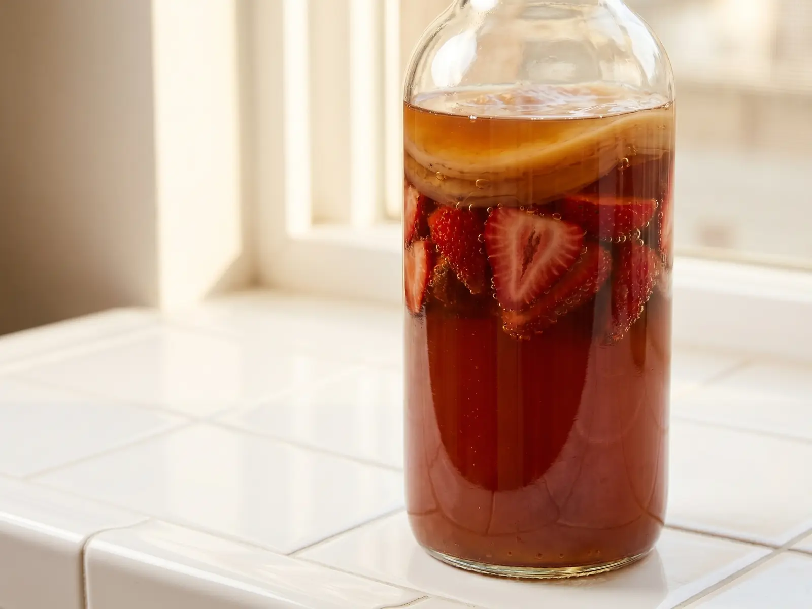 Garrafa de kombucha com morangos em segunda fermenta&ccedil;&atilde;o sobre azulejos brancos e pequenas bolhas vis&iacute;veis.