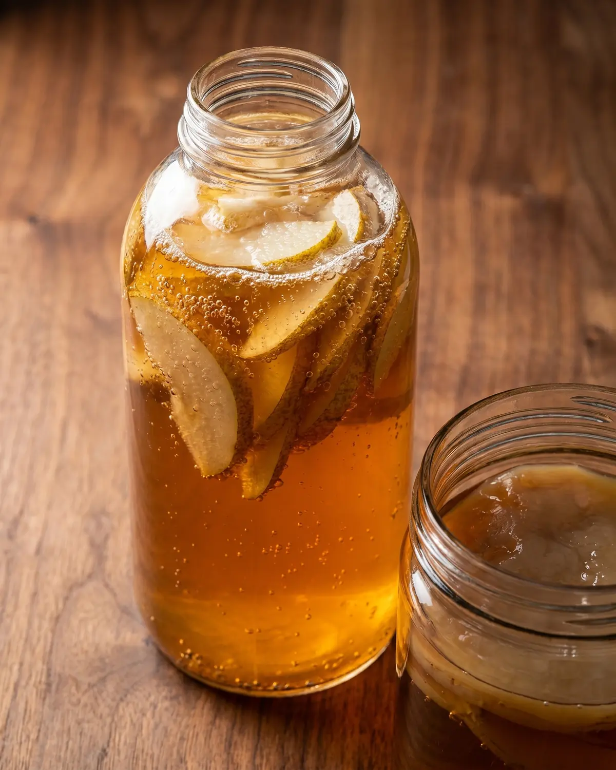 which is better water kefir or kombucha Garrafa de kombucha com fatias de pera e bolhas no vidro sobre fundo de madeira de nogueira.
