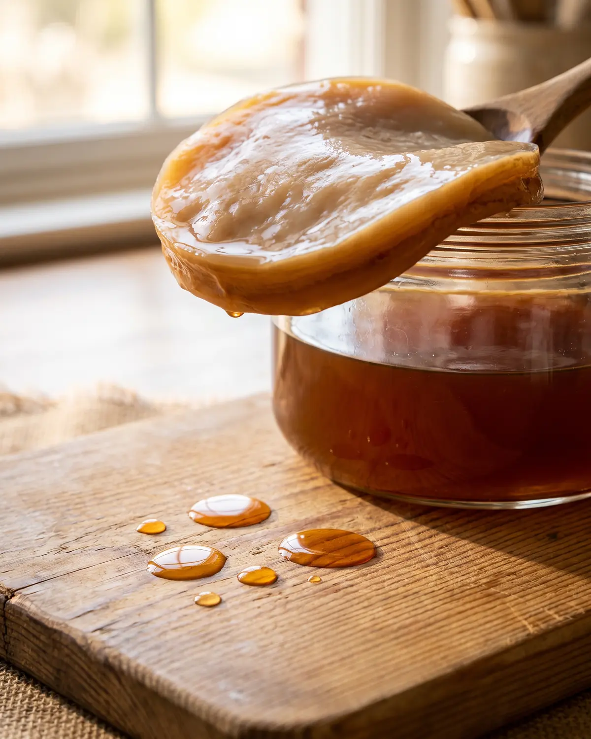 kefir de agua e kombucha Gotas âmbar sobre tábua de pinho, com a base de um frasco elevada e o SCOBY visível no topo.