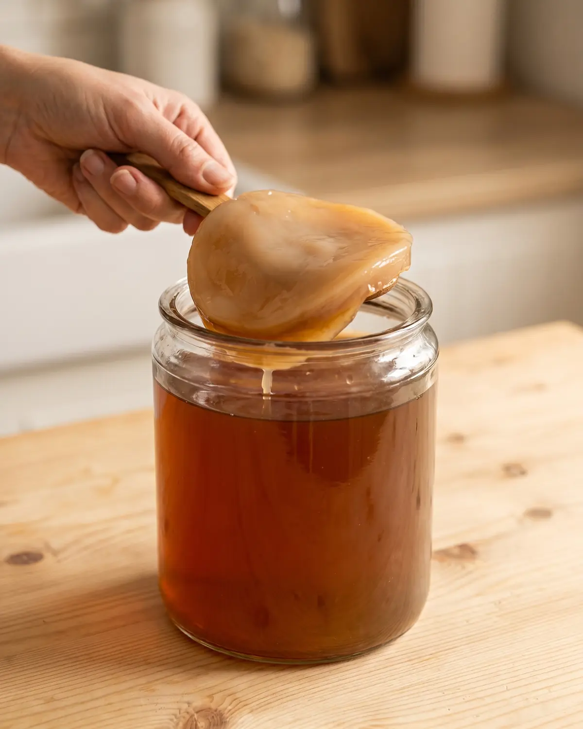 kombucha Mão a levantar o SCOBY de um frasco de kombucha com uma colher de madeira durante a preparação.