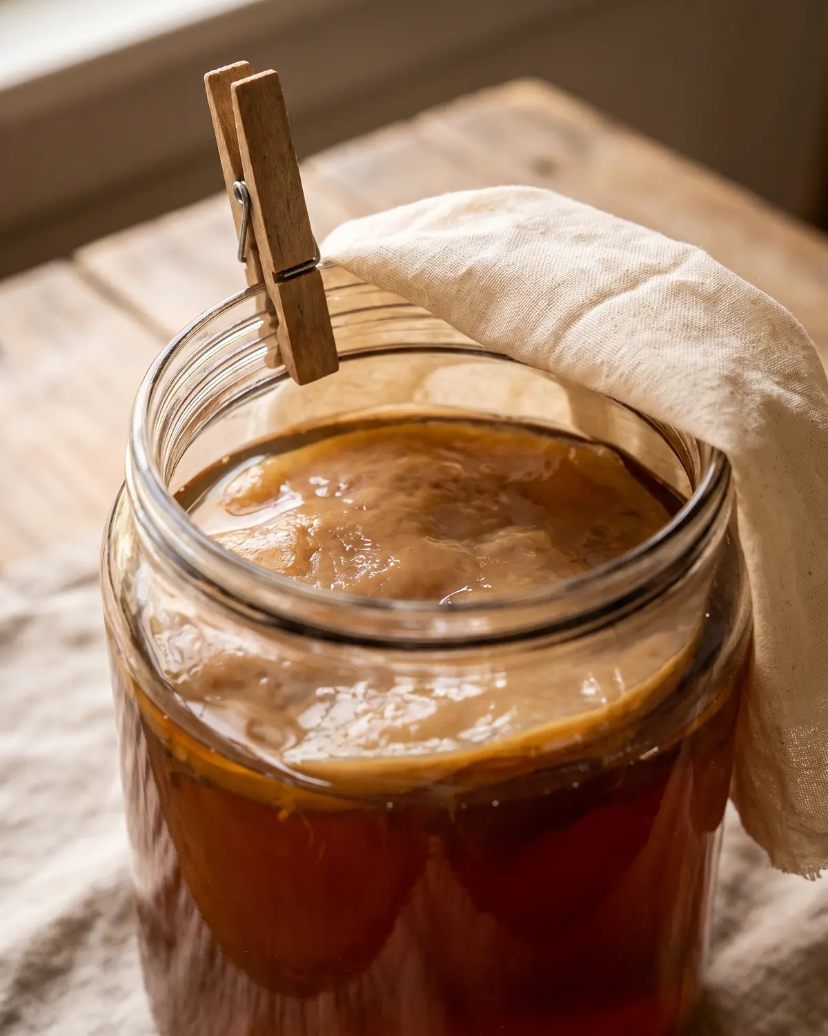 kombucha bebidas Tarro aberto de kombucha com SCOBY sob a superfície escura e tecido preso por uma mola de madeira.
