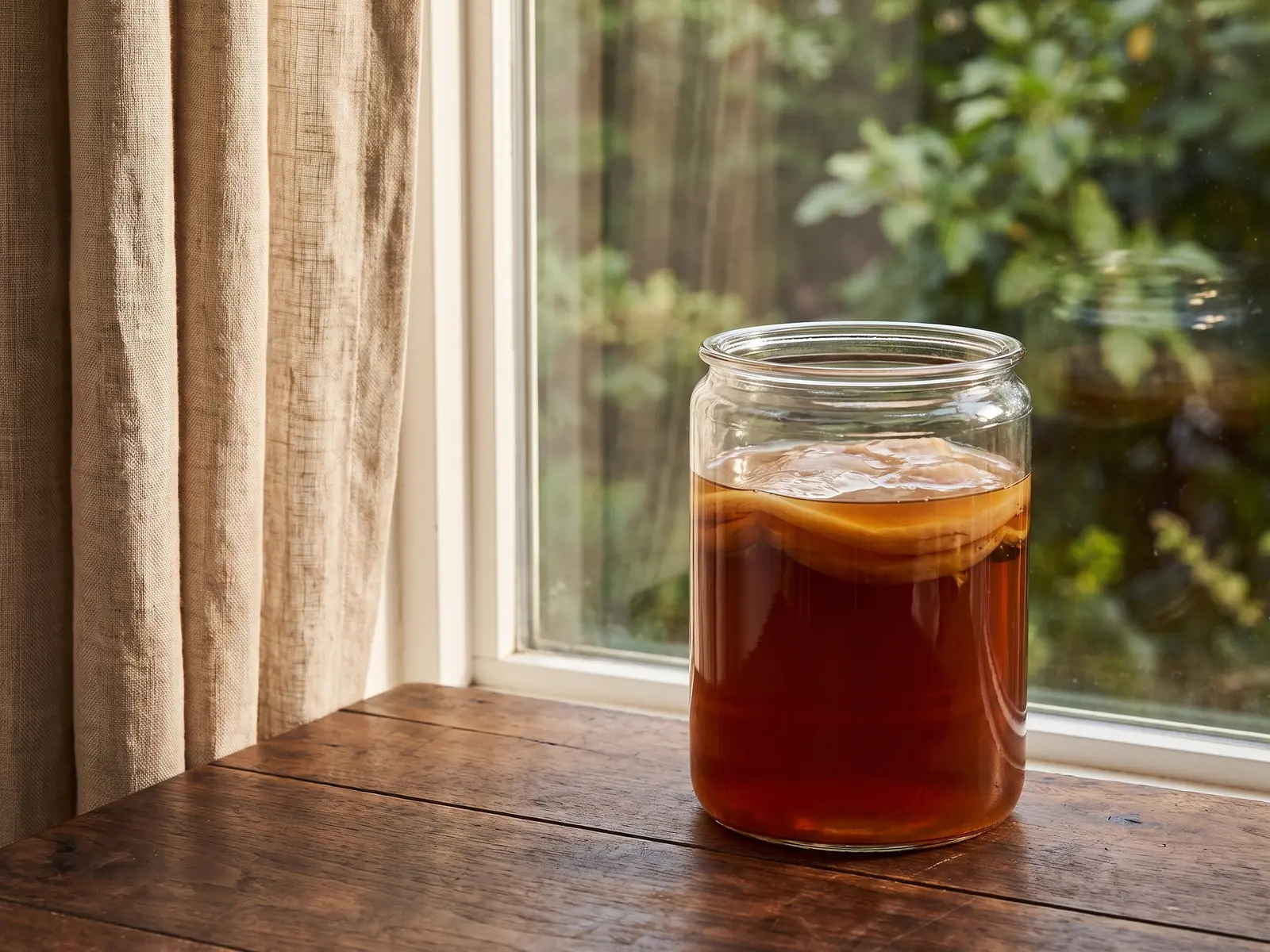 Tarro com SCOBY bege refletido numa janela aberta, com cortina de linho, madeira escura e folhas suaves.