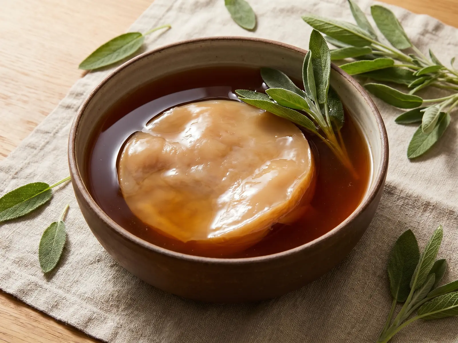 kombucha o que é SCOBY de kombucha em prato hondo, com salvia fresca, líquido mãe âmbar e tecido de linho cru.