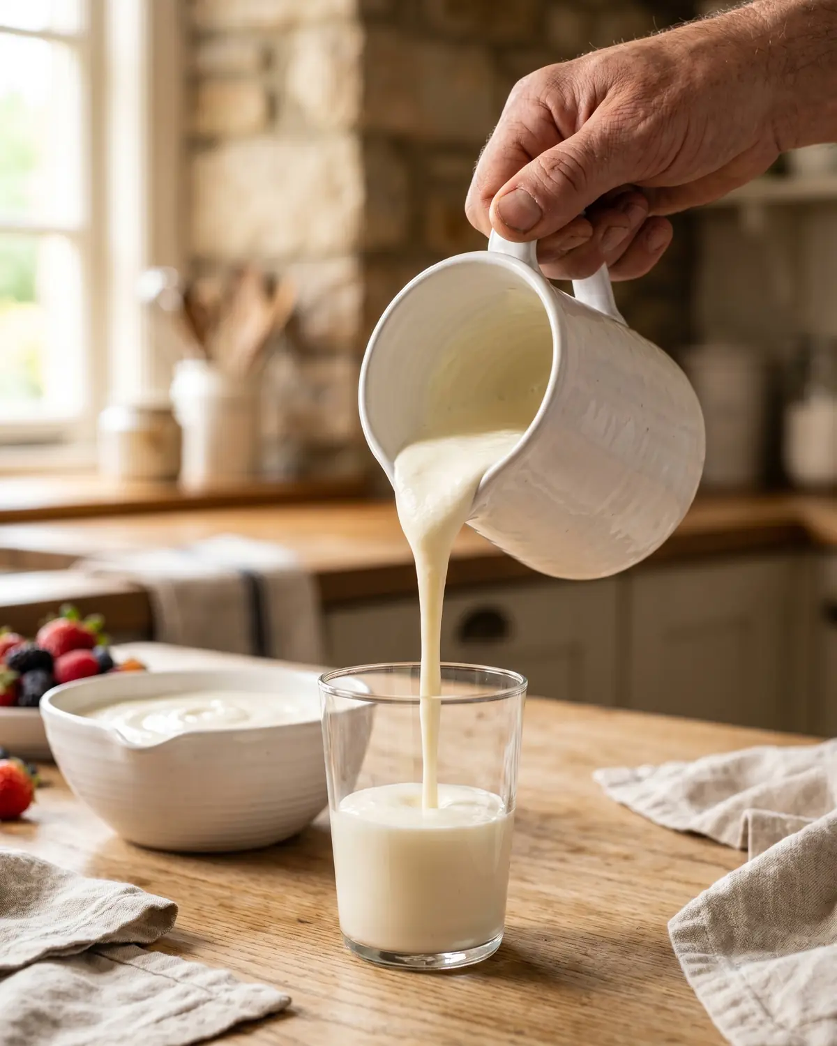 diferença entre viili é kefir Mão a verter iogurte bebível de uma jarra branca para um copo, com textura espessa e cremosa.
