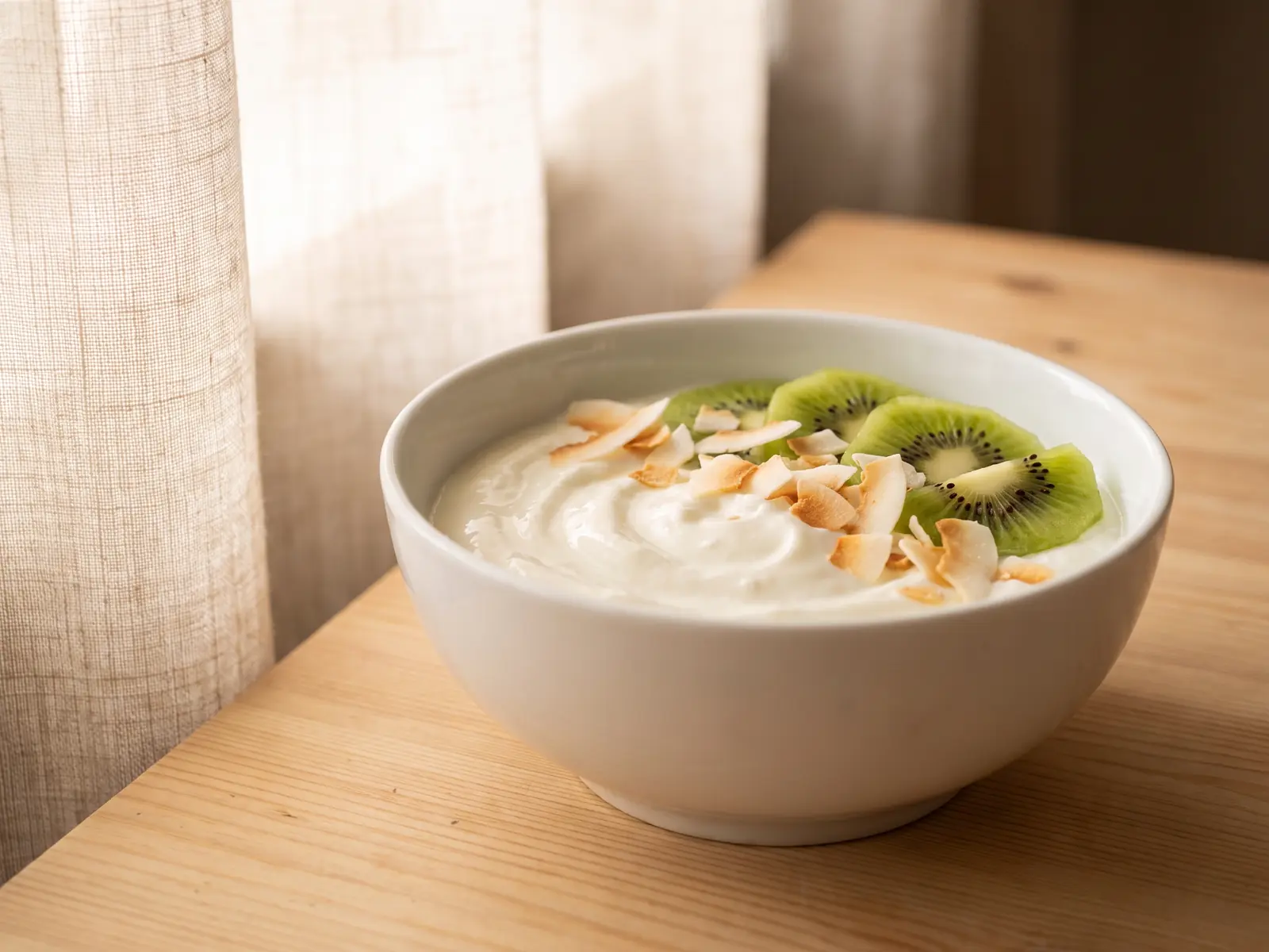 iogurte kefir tem lactose Taça de iogurte com kiwi verde e coco sobre madeira clara, junto a uma cortina de linho