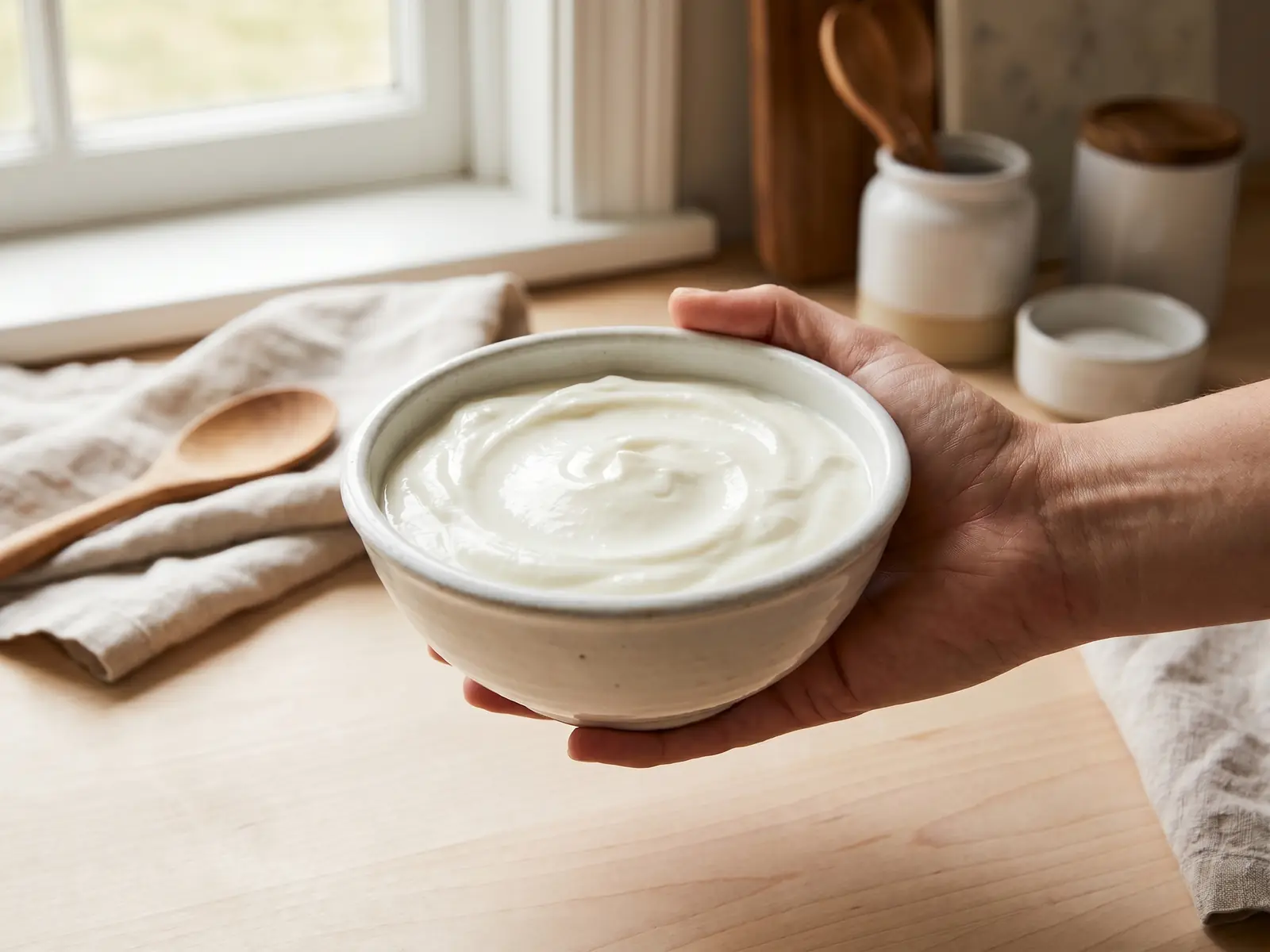 diferença entre viili é kefir Mão a segurar uma tigela branca com iogurte cremoso sobre uma mesa clara, numa cozinha luminosa.
