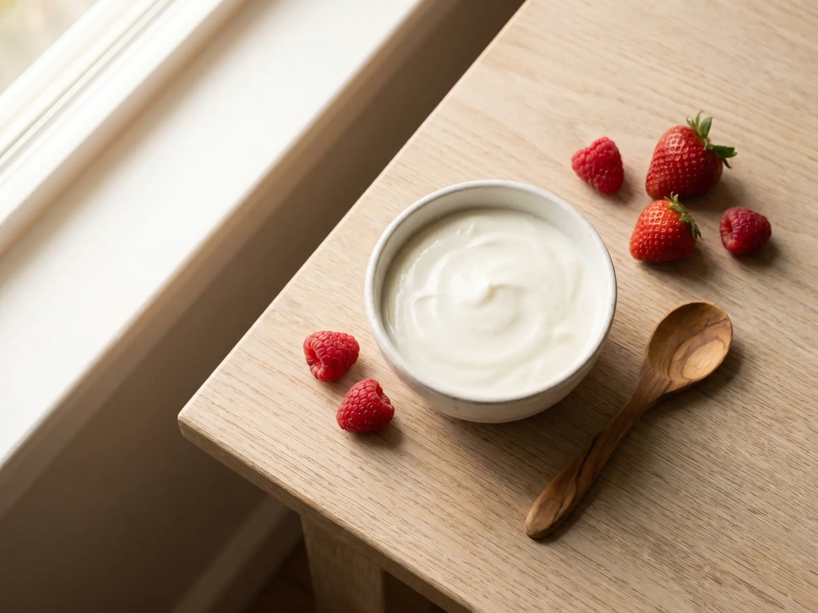 kefir para emagrecer Vista cenital de uma tigela de cerâmica branca com iogurte cremoso e uma colher de madeira.